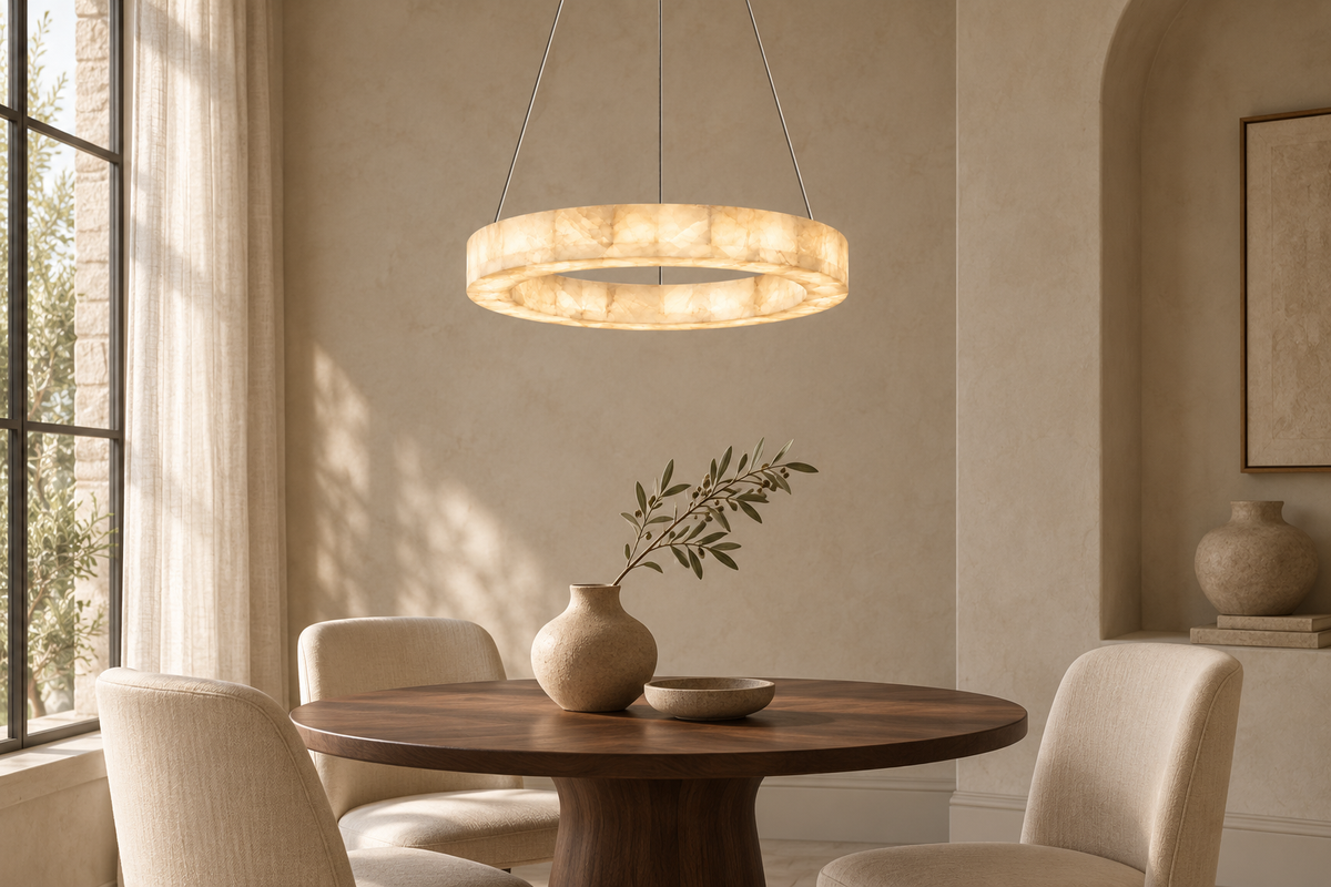 Aveline alabaster ring in an intimate dining-room illustration.