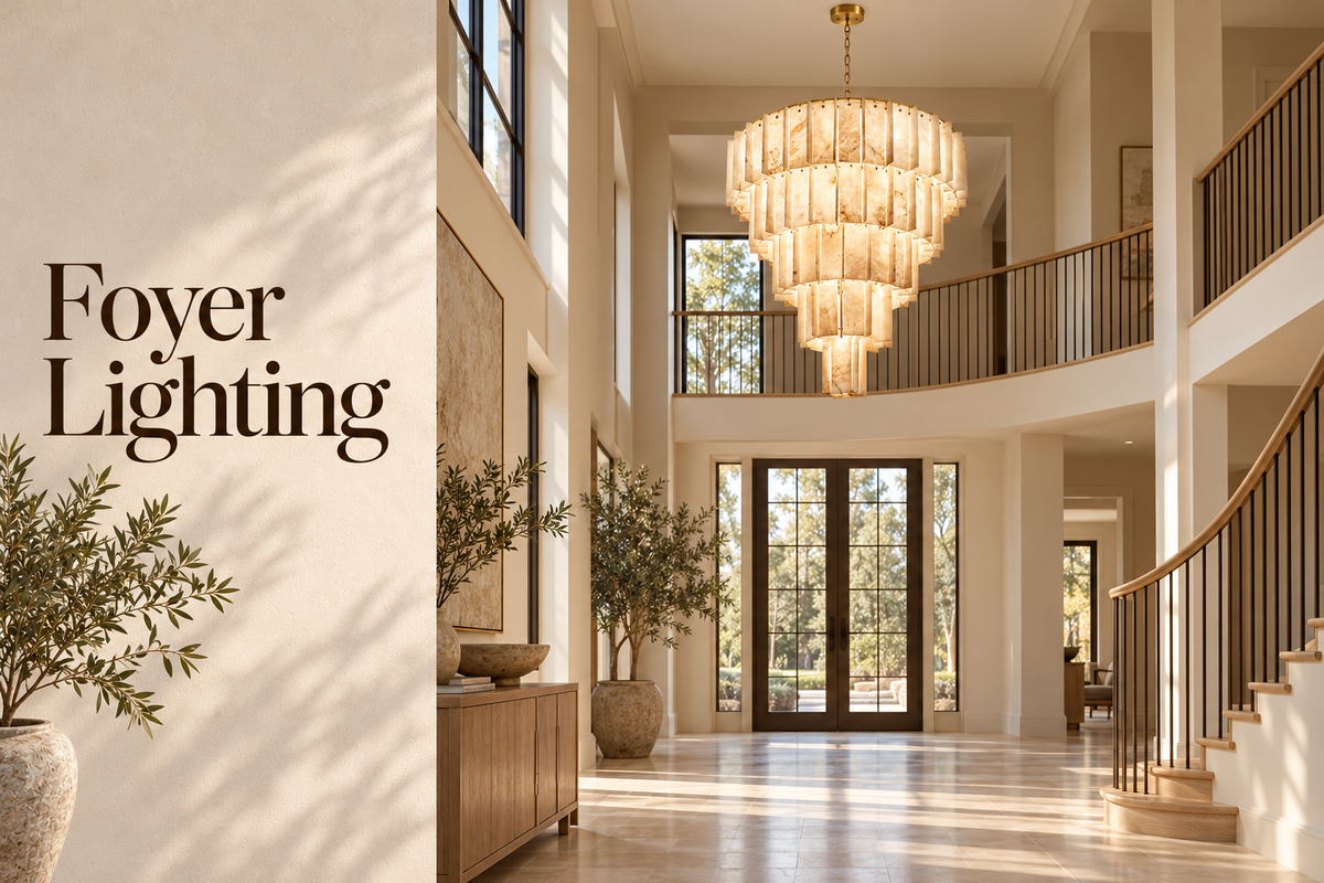 Auravelle alabaster tiered chandelier in a two-story foyer with Foyer Lighting cover title | CARRA HOME