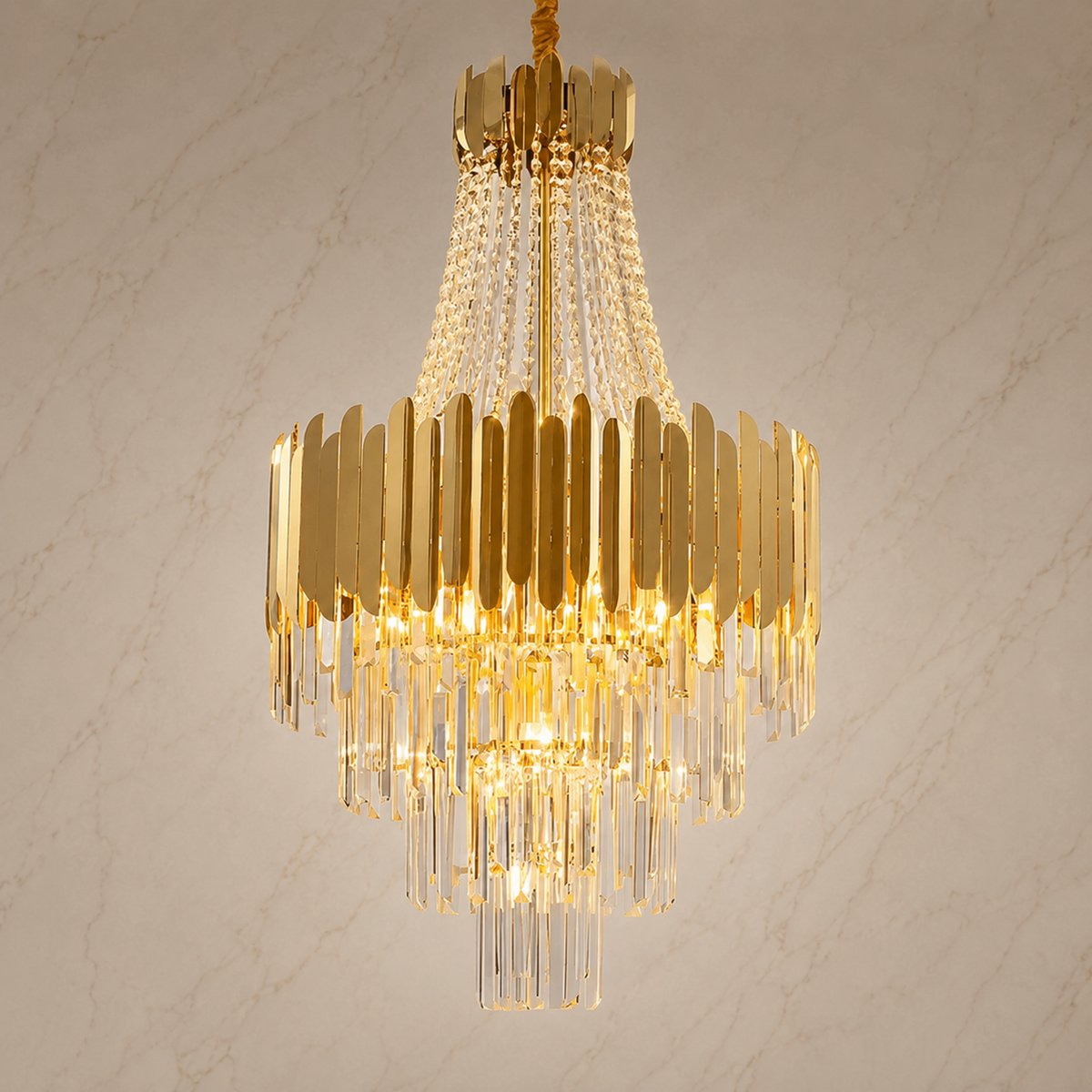modern gold crystal tiered round chandelier light on