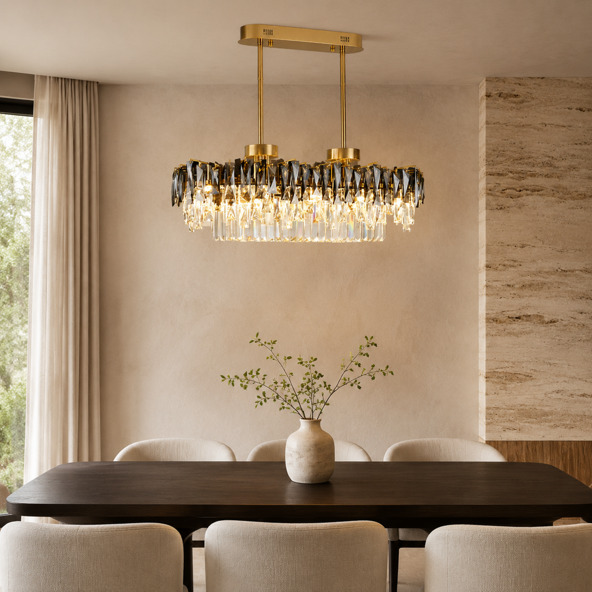 contemporary gold smoky crystal rectangular chandelier dining room