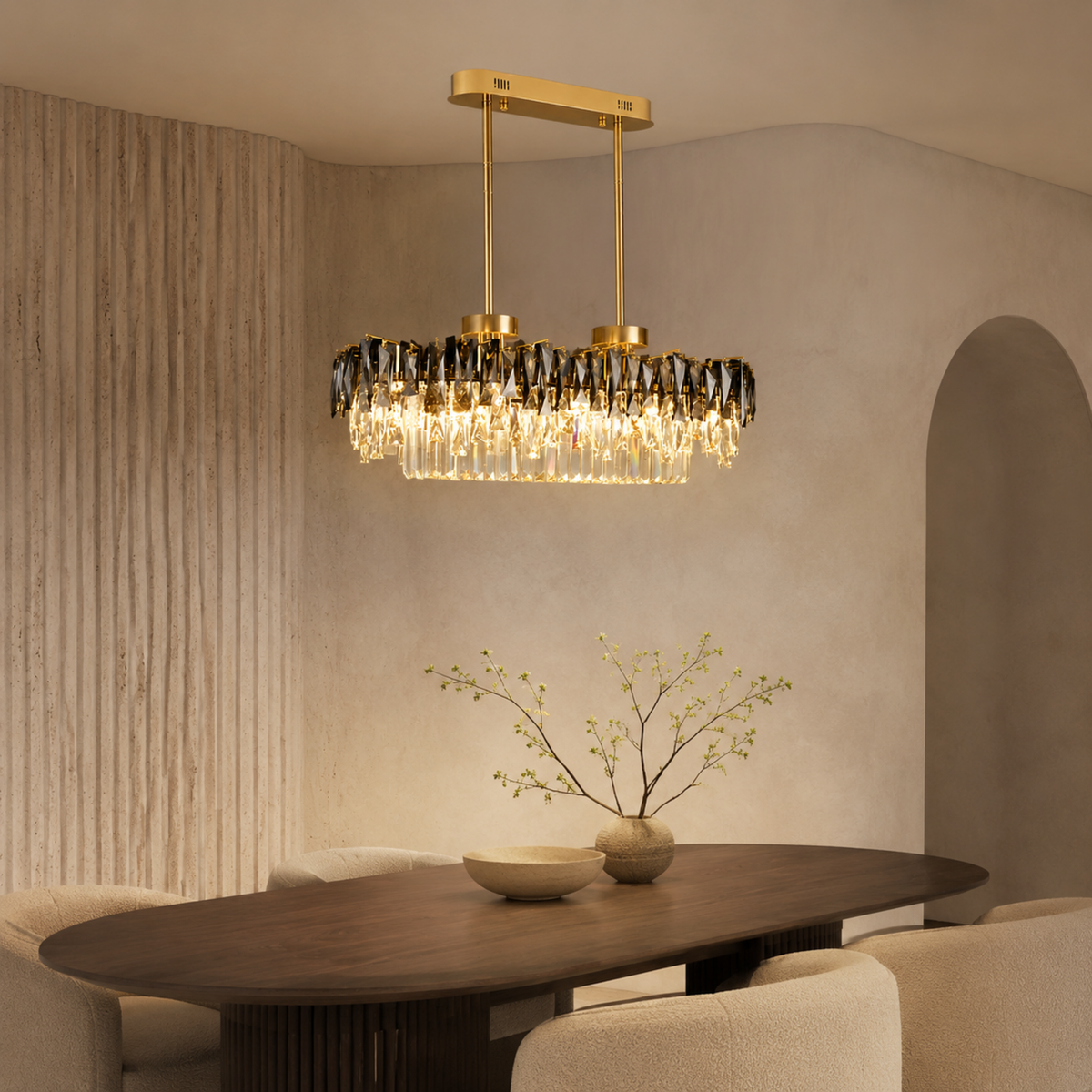 contemporary gold smoky crystal rectangular chandelier formal dining room