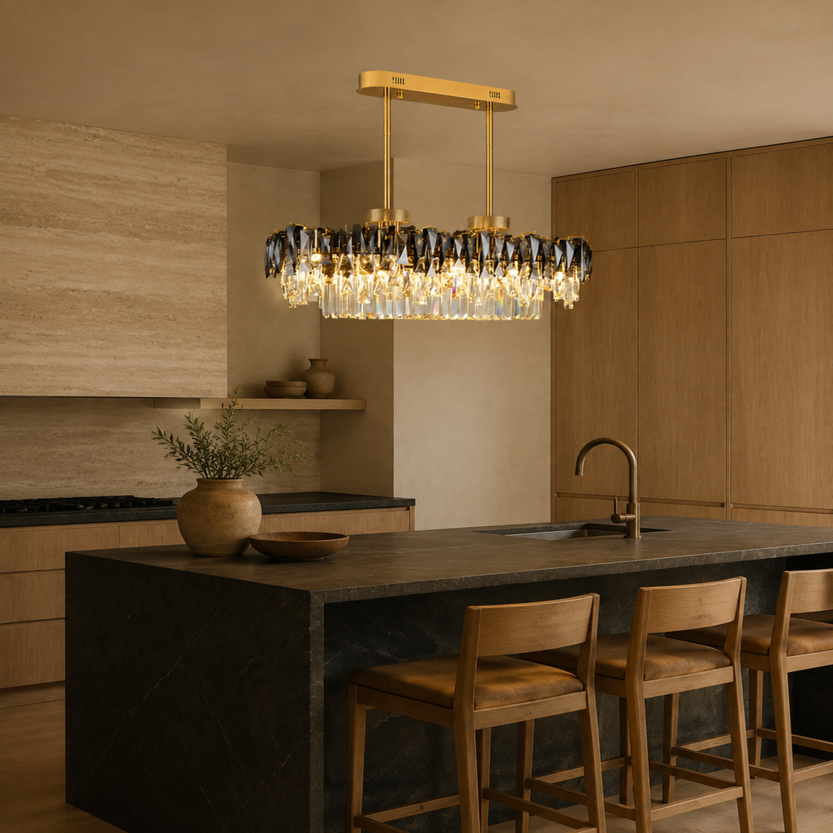 contemporary gold smoky crystal rectangular chandelier large kitchen island