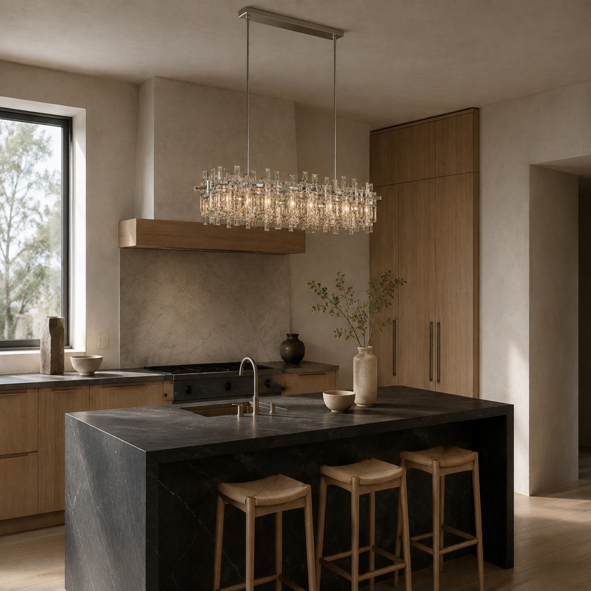 modern chrome crystal linear chandelier large kitchen island