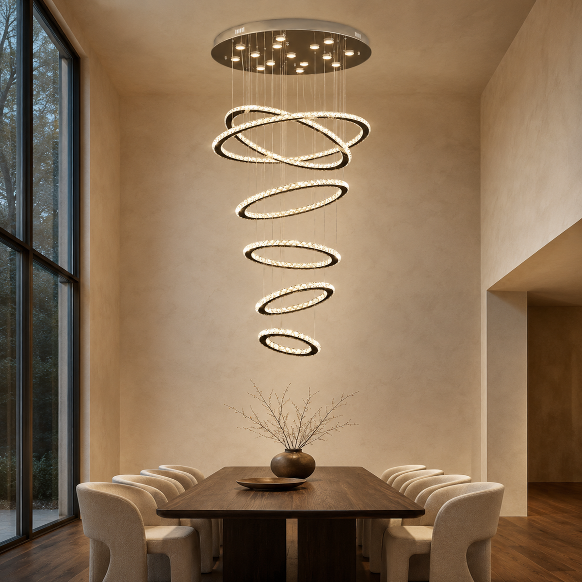 modern chrome crystal six ring staircase chandelier high ceiling dining room