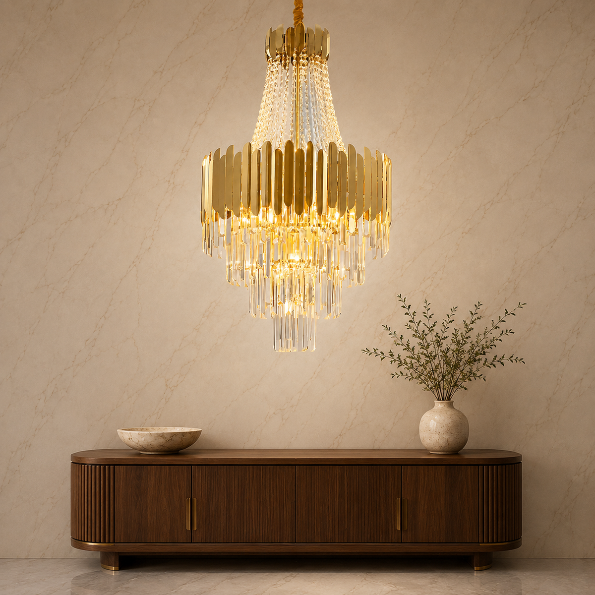modern gold crystal tiered round chandelier foyer