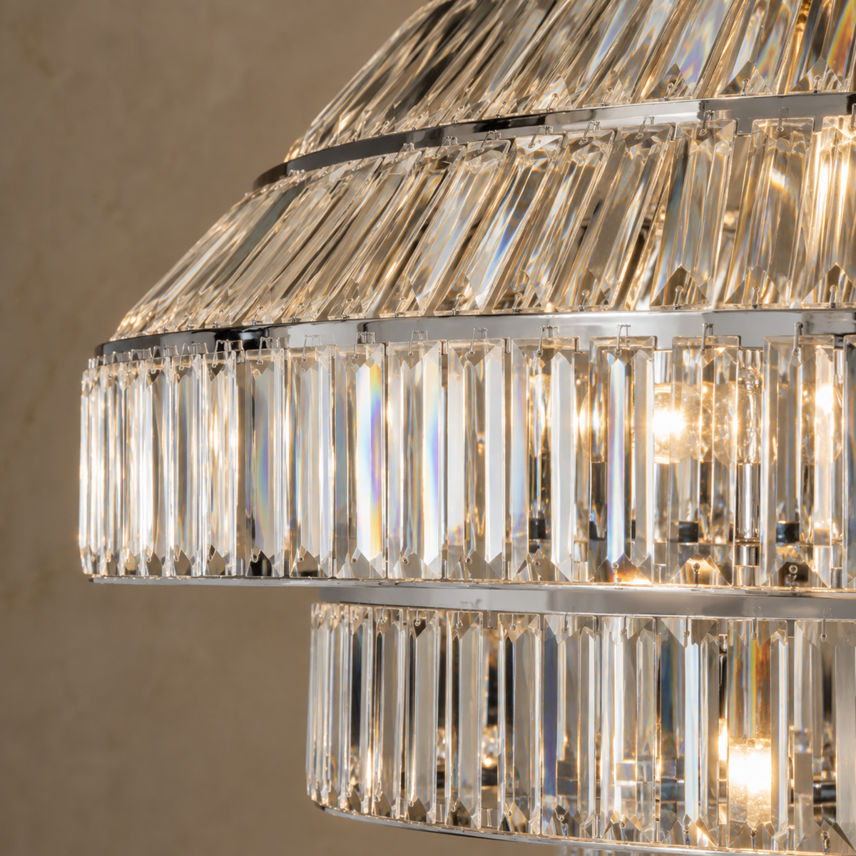 luxury chrome crystal tapered tiered chandelier body detail