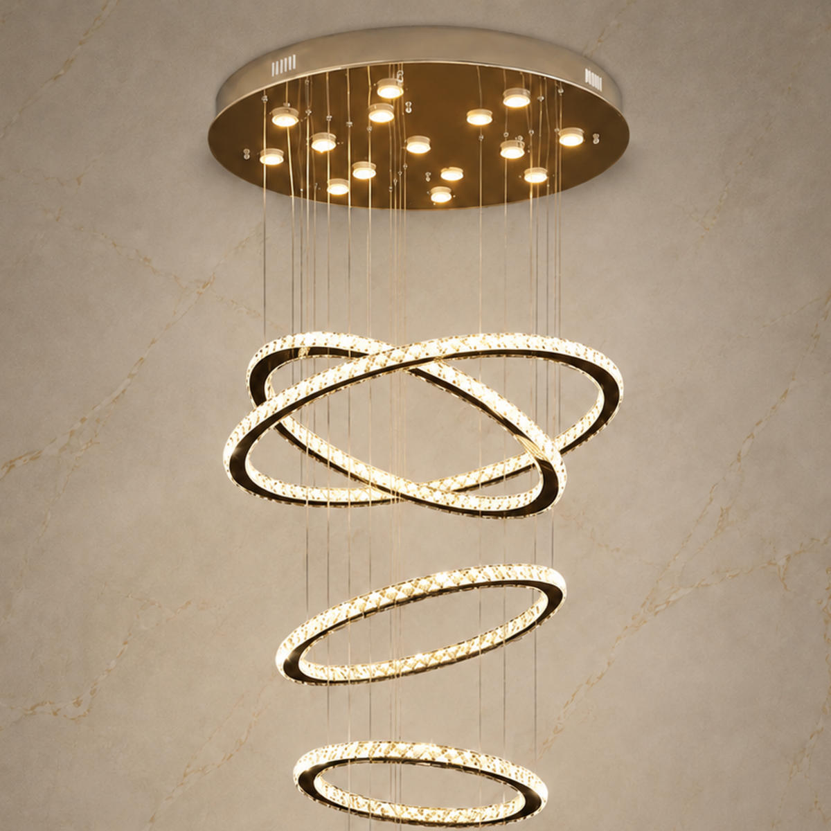 modern chrome crystal six ring staircase chandelier ceiling canopy detail
