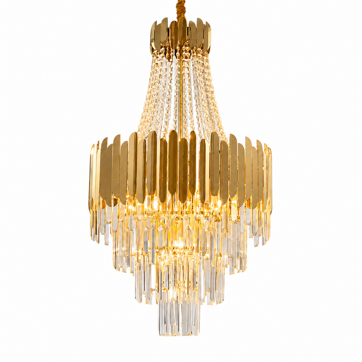 modern gold crystal tiered round chandelier white background