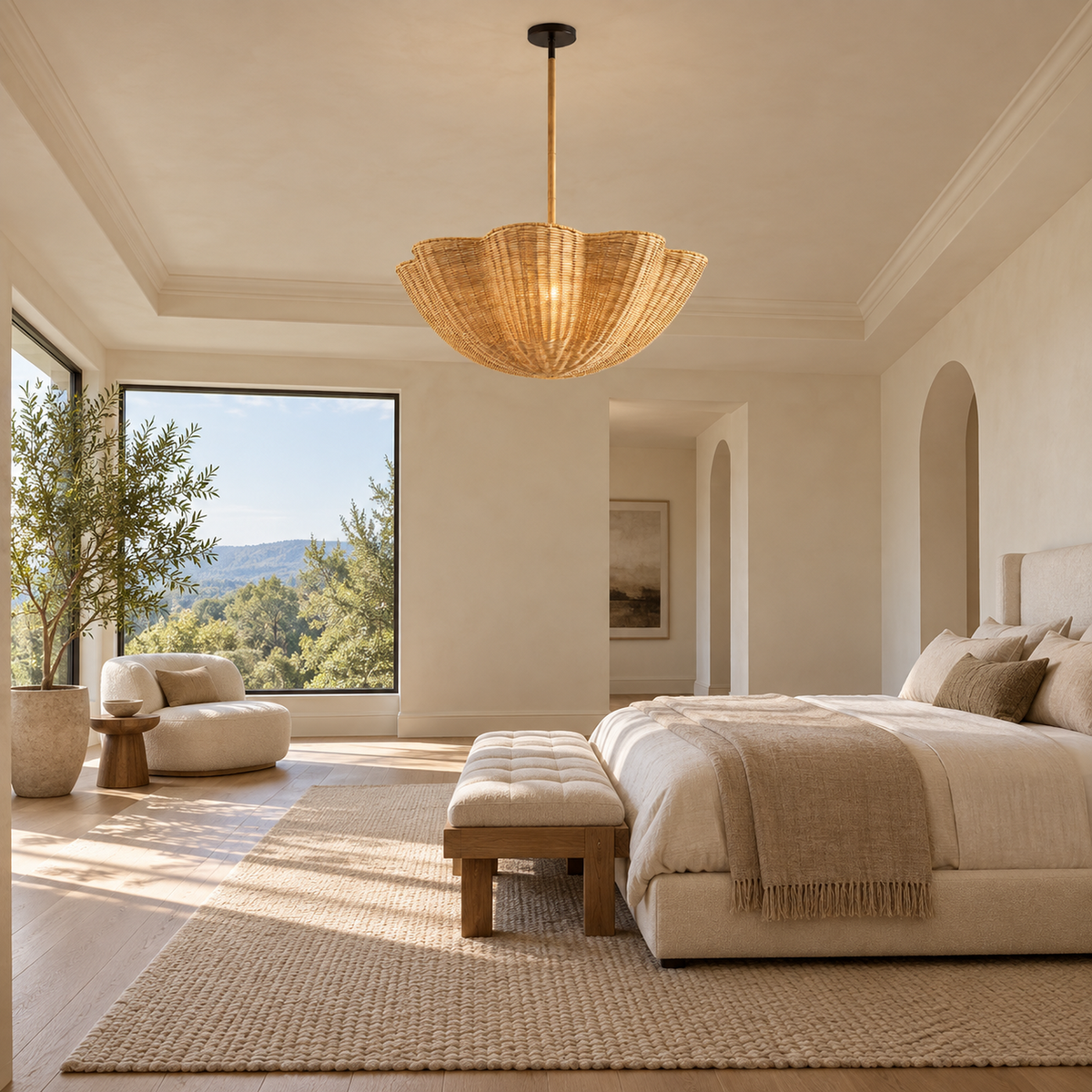Calira natural rattan scalloped chandelier, bedroom scene | CARRA HOME