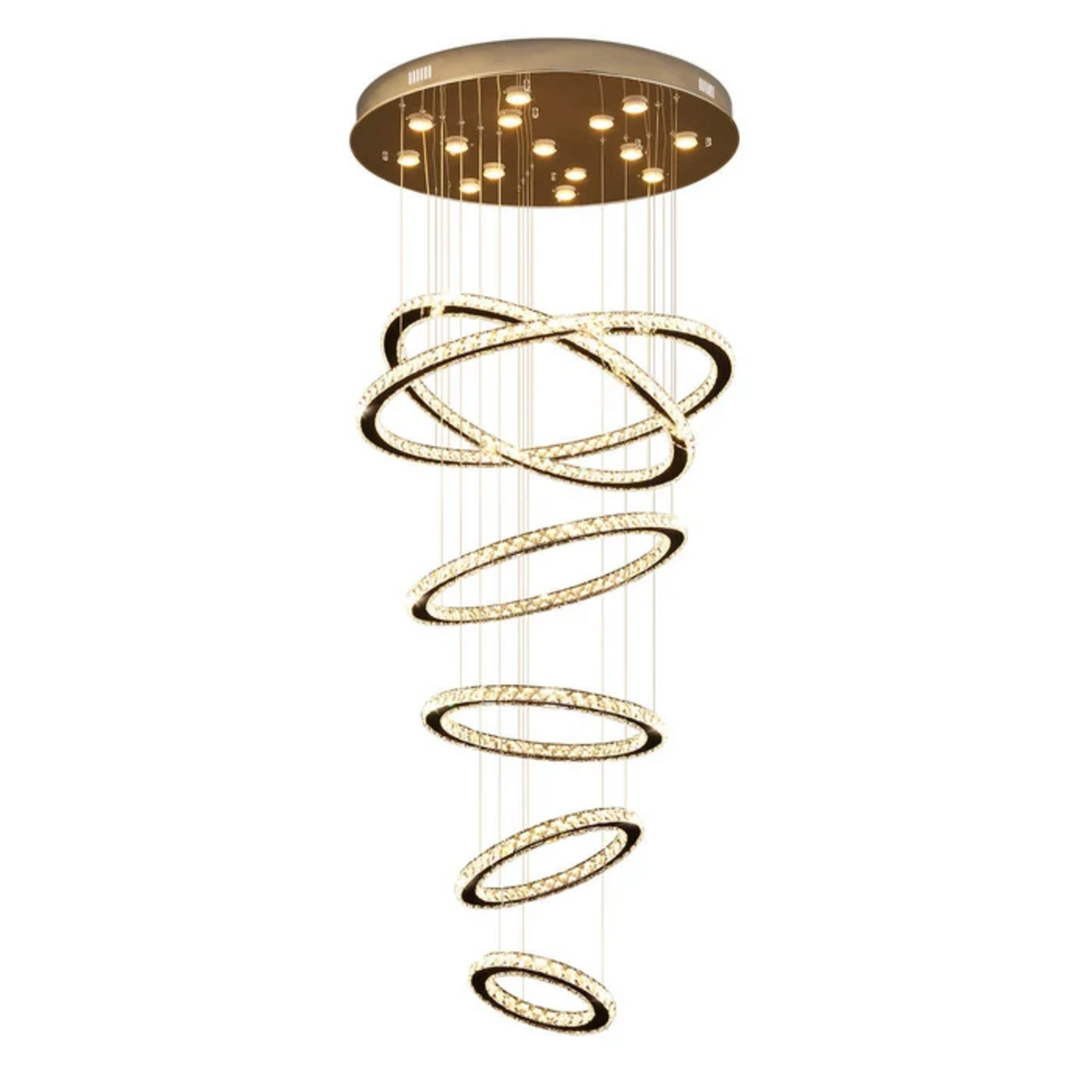 modern chrome crystal six ring staircase chandelier white background