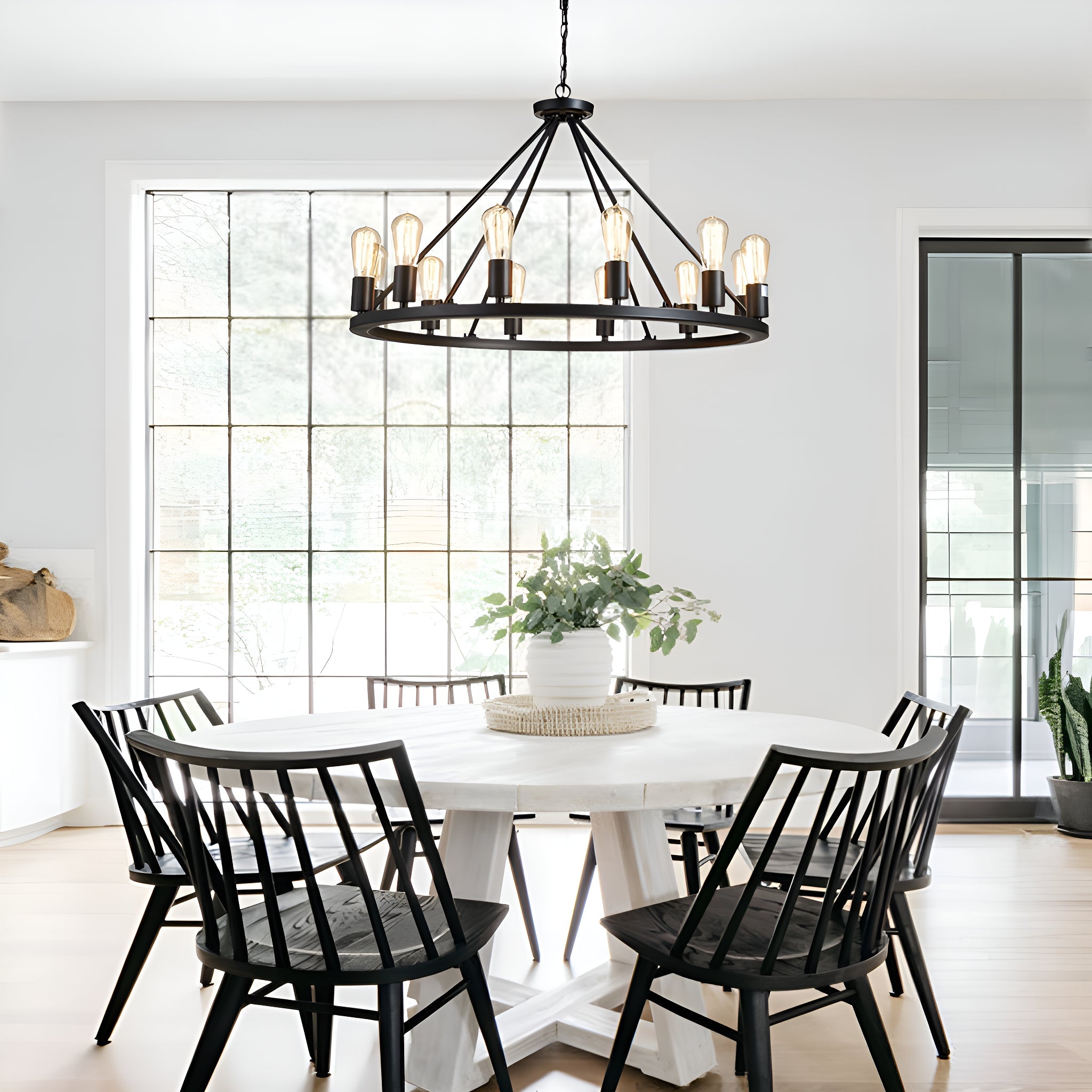 12 Lights Wagon Wheel Chandelier Black Round Globe Wrought Iron Pendant Lights dining room-2 | Sofary Lighting