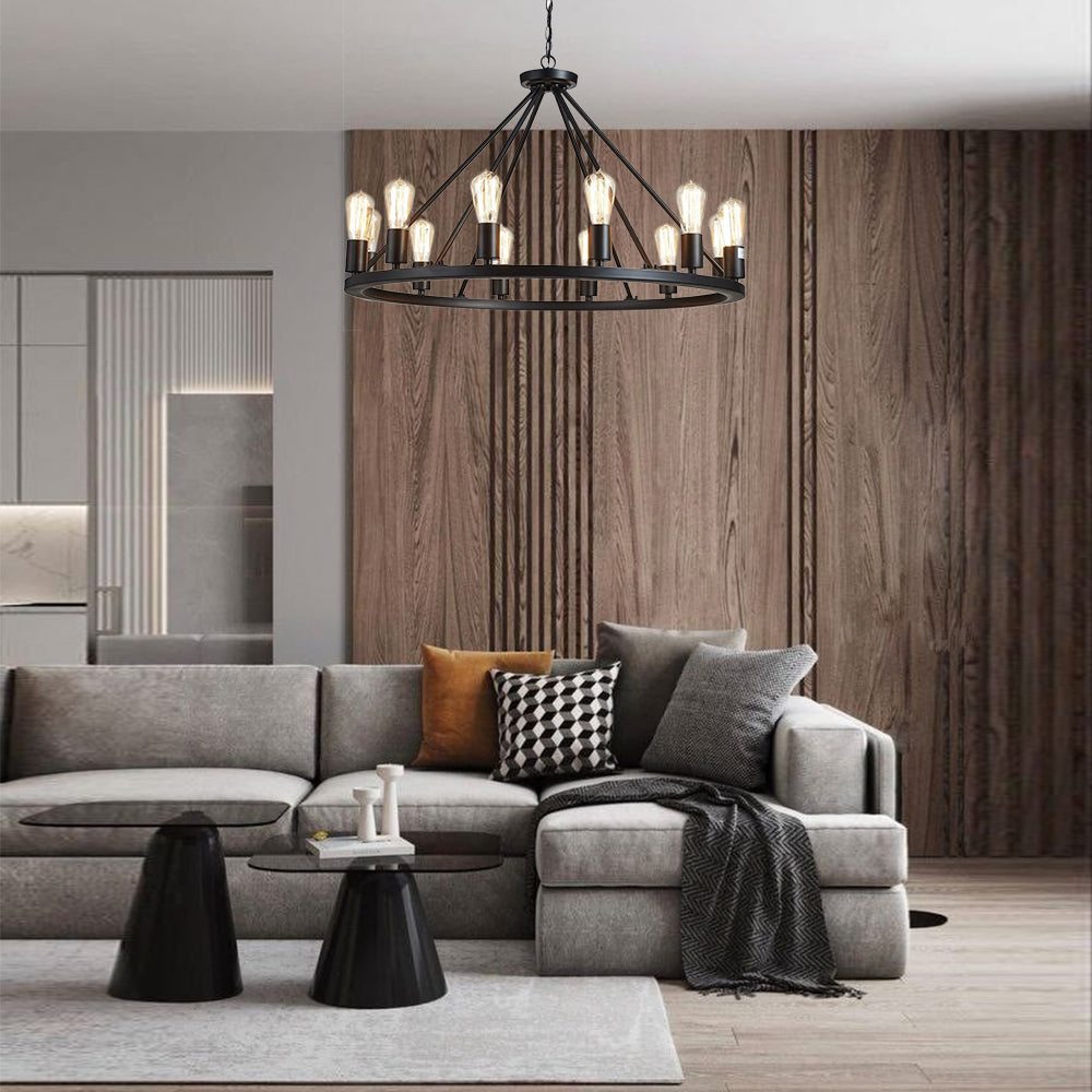 12 Lights Wagon Wheel Chandelier Black Round Globe Wrought Iron Pendant Lights living room-1 | Sofary Lighting