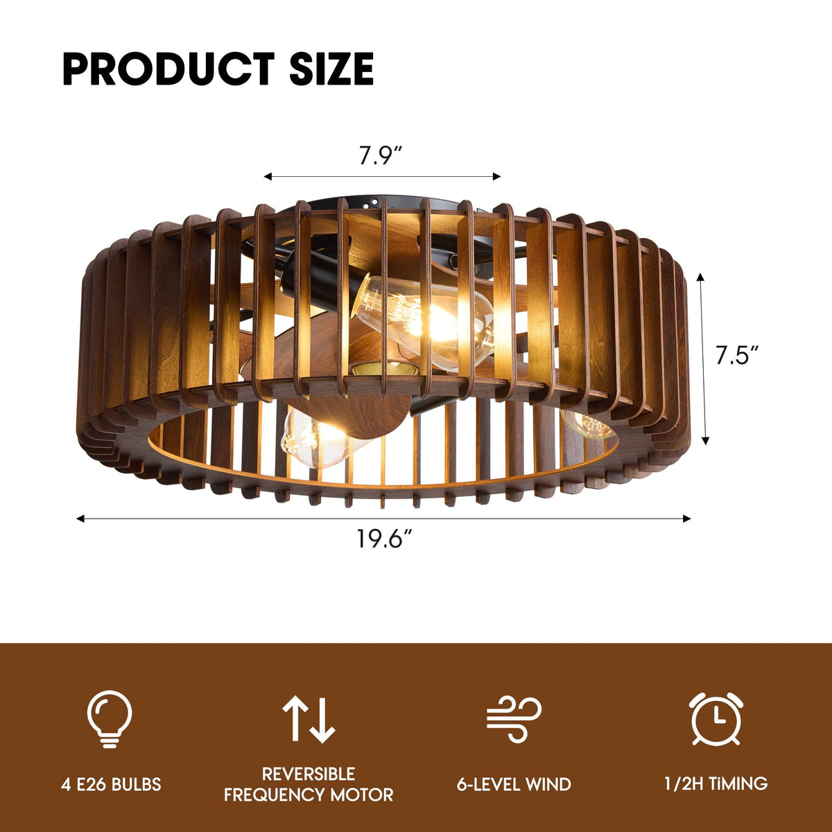 19.6" Industrial Caged Flush Mount Ceiling Fan product size — top width 7.9", height 7.5", bottom length 19.6", 4xE26 bulbs, reversible frequency motor, 6-level wind, 1/2H timing, flush mount design with warm Edison bulb glow | CARRA HOME