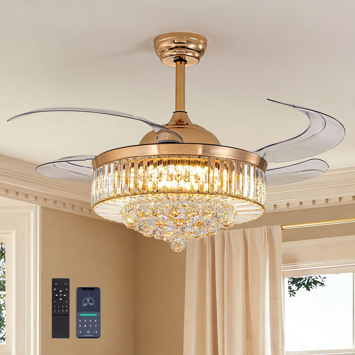 Luxury Crystal Ceiling Fan with Lights DC Motor & Dimmable LED Fandelier