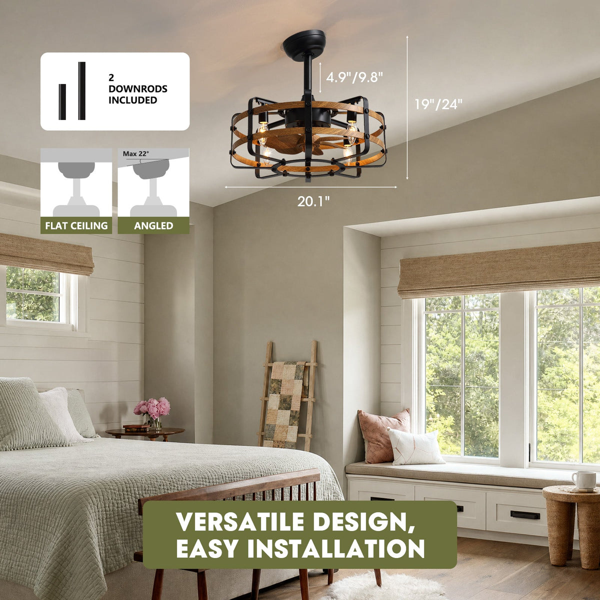 20.1" Farmhouse Wood Grain Caged Ceiling Fan dimensions — 20.1" diameter, 19"/24" height with 4.9"/9.8" downrods included, flat ceiling and angled max 22°, versatile design easy installation, bedroom scene | CARRA HOME