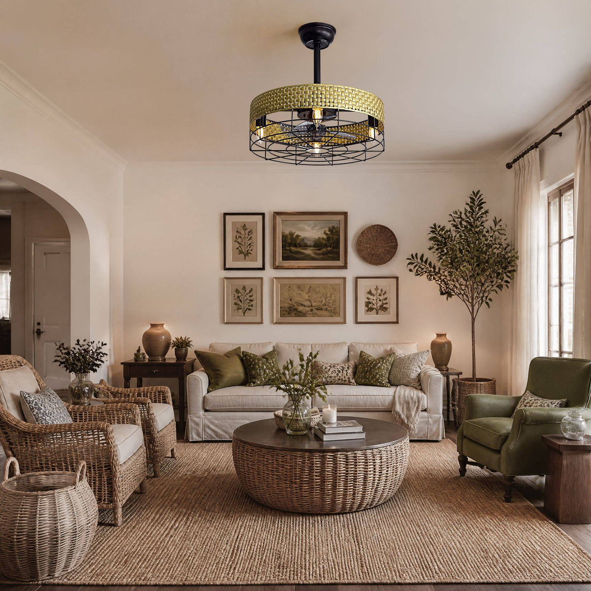 Boho rattan ceiling fan in living room — wicker chairs, round rattan coffee table, olive green sofa, gallery wall, coastal farmhouse decor | CARRA HOME