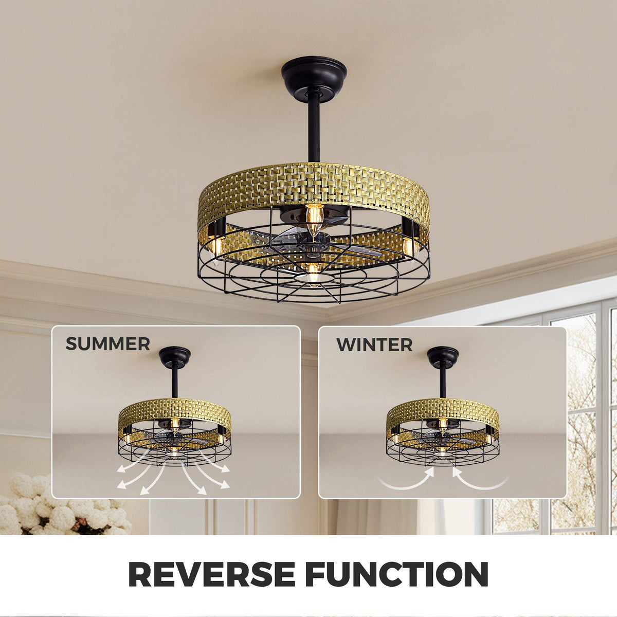 Rattan ceiling fan reverse function — summer cooling airflow down, winter warm air circulation up, reversible DC motor, all-season comfort | CARRA HOME