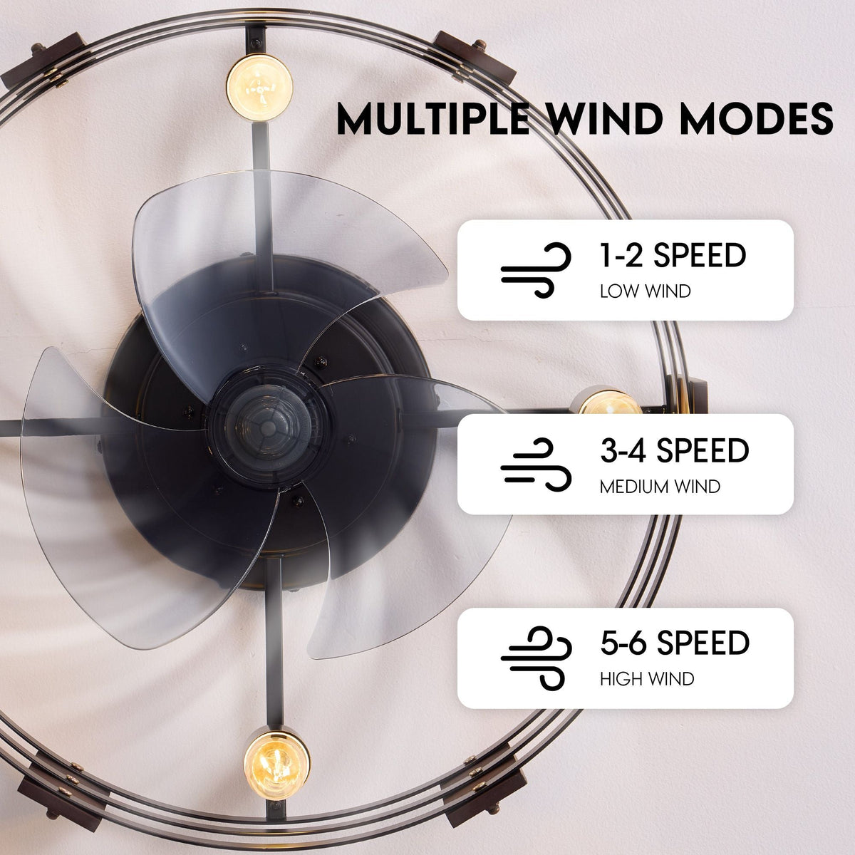 Caged ceiling fan multiple wind modes — 1-2 speed low wind, 3-4 speed medium wind, 5-6 speed high wind, enclosed transparent blades | CARRA HOME