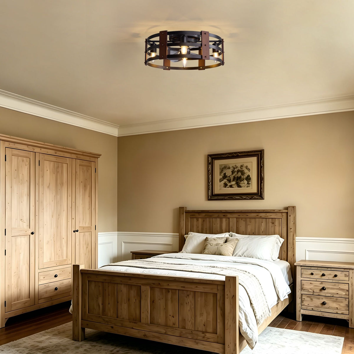 20" caged ceiling fan in rustic bedroom — solid wood bed frame, matching wardrobe and nightstand, cozy farmhouse interior | CARRA HOME
