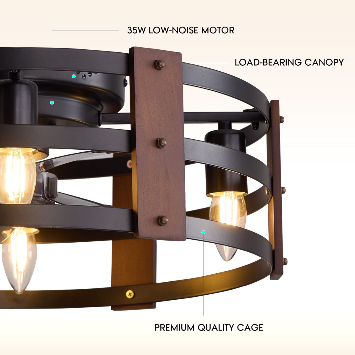 Close-up of caged fan build — 35W low-noise motor, load-bearing canopy, premium quality cage, wood and metal construction with vintage bulbs | CARRA HOME