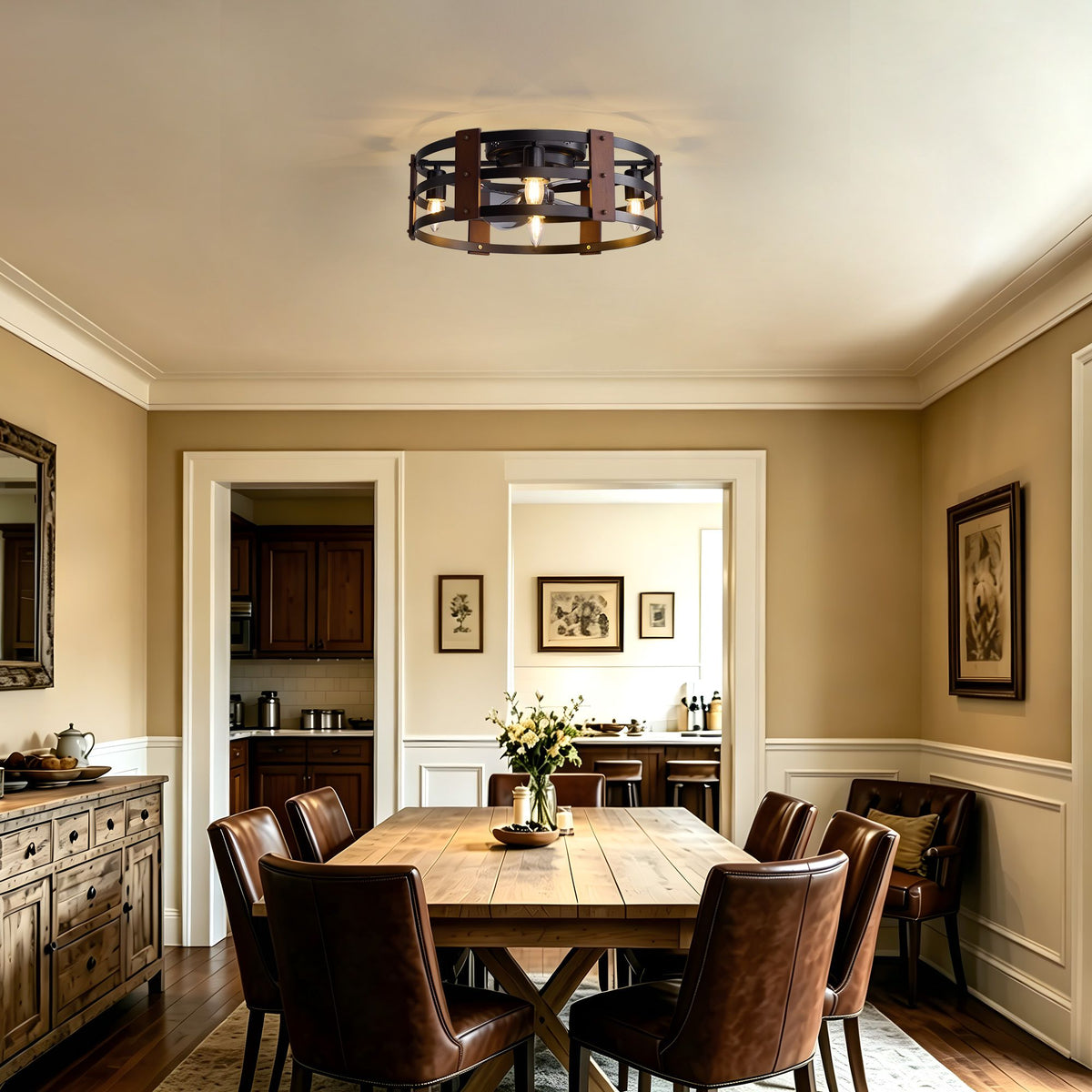 Caged ceiling fan with light in dining room — wooden table, leather chairs, wainscoting, warm ambient glow, elegant rustic setting | CARRA HOME