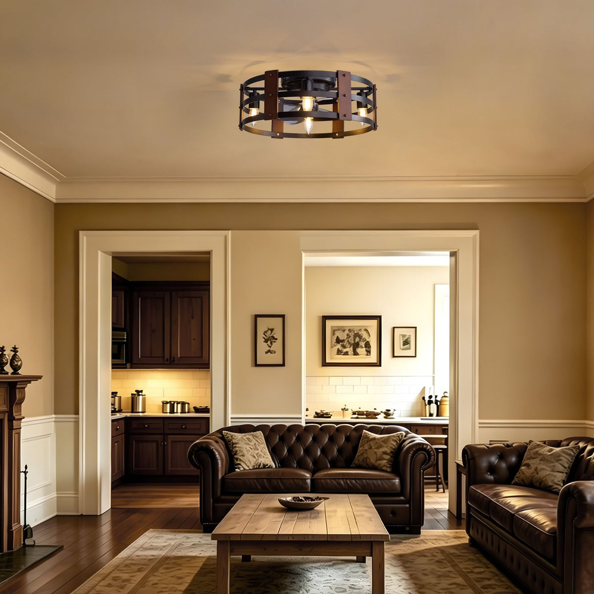 Modern caged ceiling fan in traditional living room — leather tufted sofas, wood coffee table, warm wall tones, classic home decor | CARRA HOME