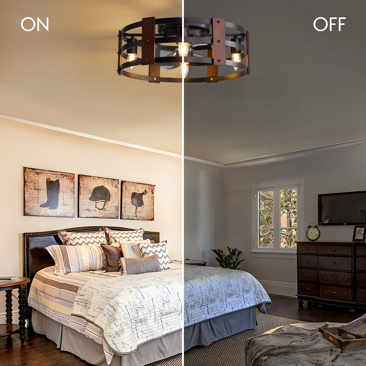 Caged ceiling fan light on vs off in bedroom — warm vintage bulb glow when on, clean farmhouse bedroom when off, light memory feature | CARRA HOME