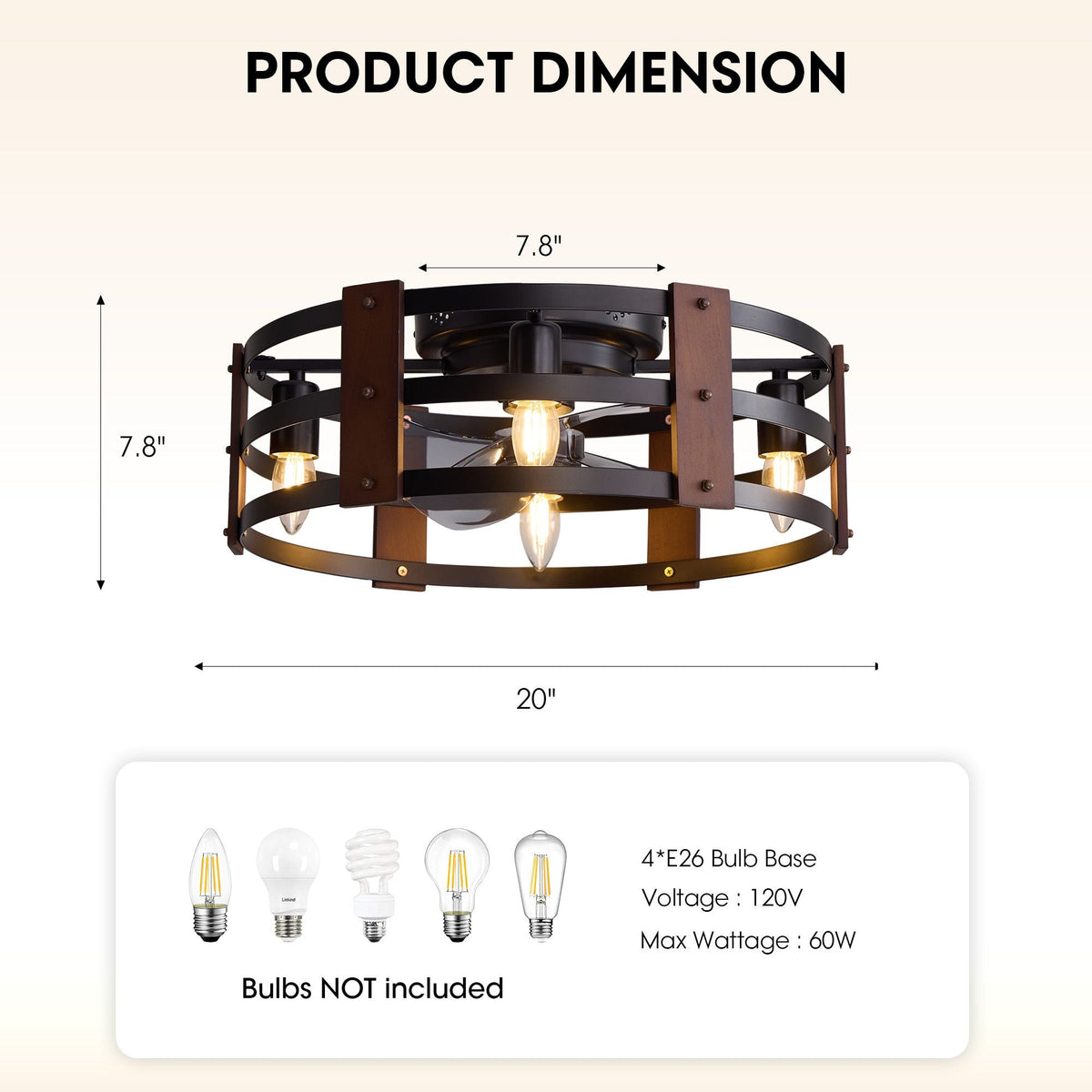 20" Modern Caged Ceiling Fan product dimension — 20" diameter, 7.8" height, canopy 7.8", 4xE26 bulb base, 120V, max 60W per bulb, bulbs not included, flush mount specs | CARRA HOME