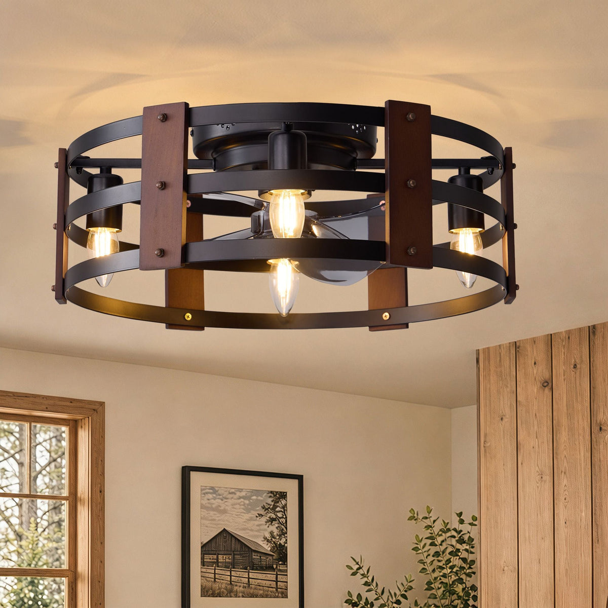 20" Modern Caged Ceiling Fan with Light — rustic wood accents, matte black metal cage, vintage Edison bulbs, enclosed blades, flush mount farmhouse style | CARRA HOME