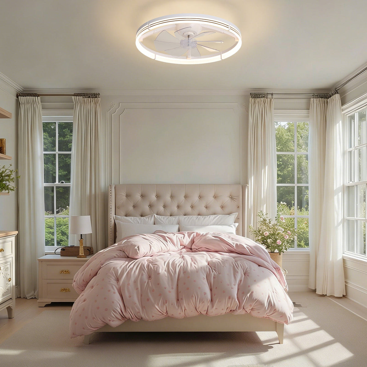 White foldable ceiling fan in elegant bedroom — pink polka dot bedding, beige tufted headboard, white grid windows, soft natural light, cozy modern decor | CARRA HOME