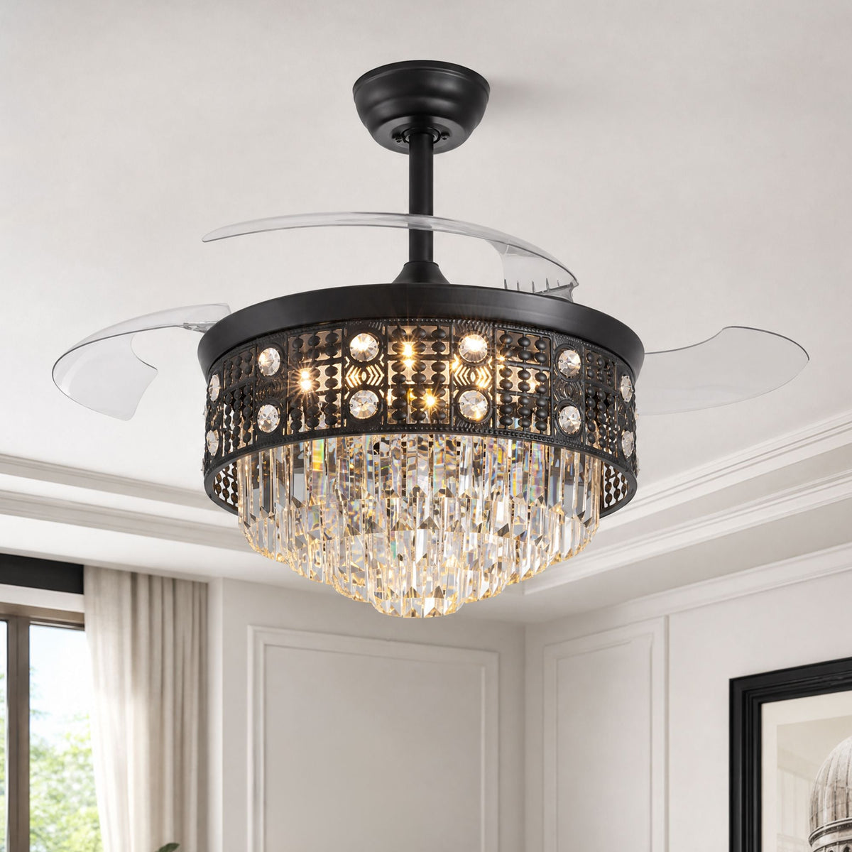 48" Black Crystal Retractable Ceiling Fan with LED Light — black metal frame, crystal accents, transparent retractable blades, warm LED glow, modern bedroom with window and armchair | CARRA HOME