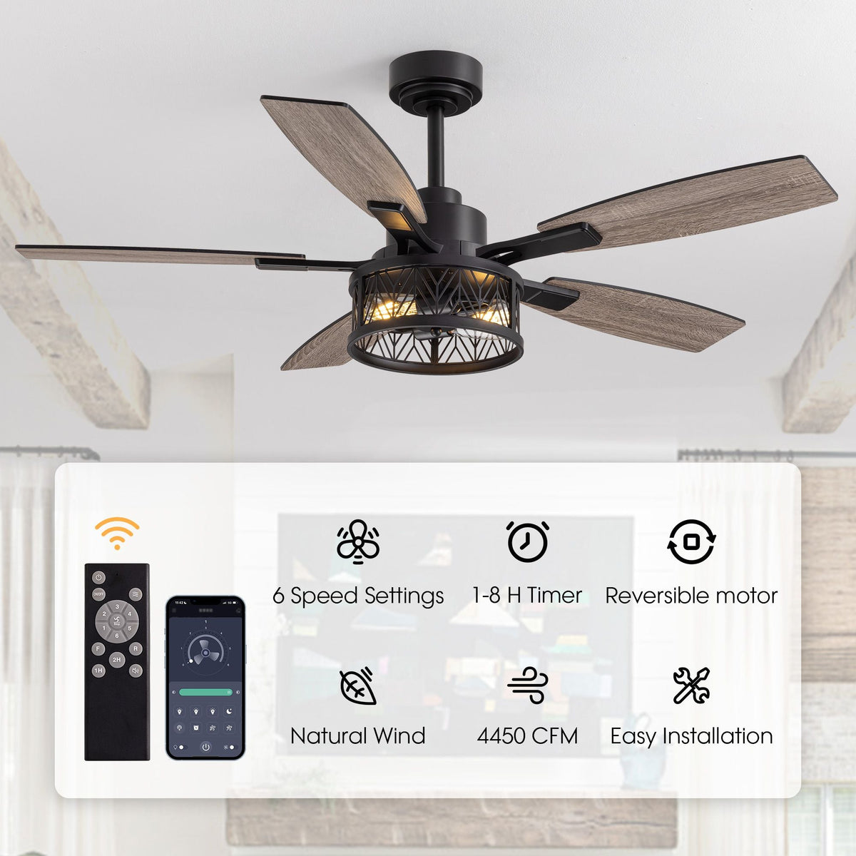 51" Farmhouse Ceiling Fan features — remote & app control, 6 speed settings, 1-8H timer, reversible DC motor, natural wind mode, 4450 CFM, easy installation | CARRA HOME