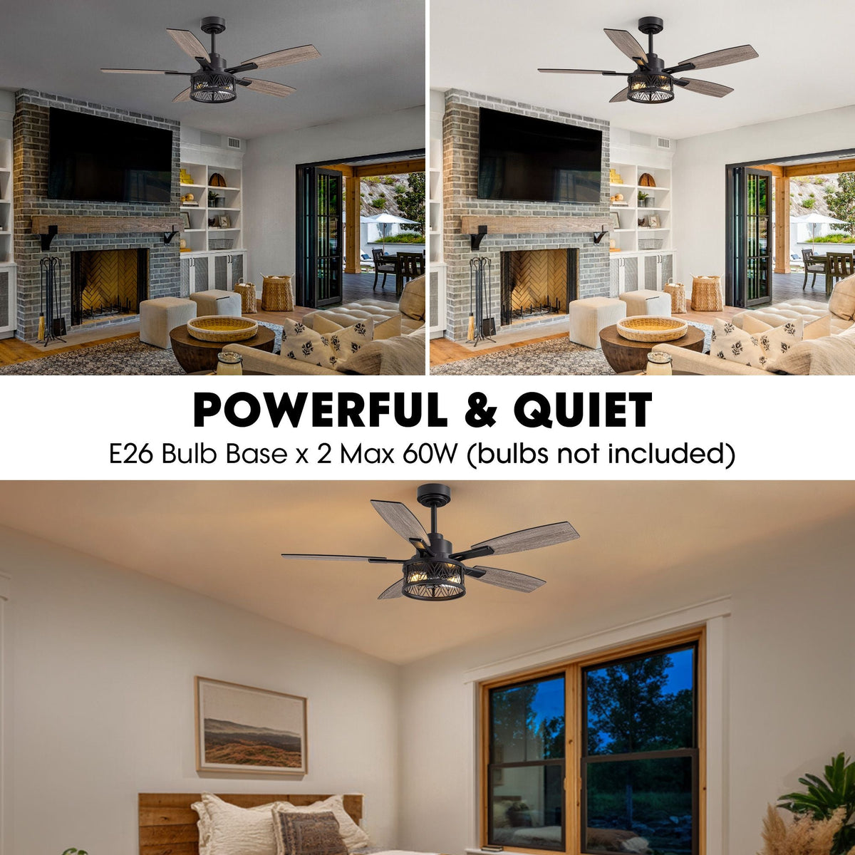 Powerful & quiet farmhouse ceiling fan — E26 bulb base x2 max 60W (bulbs not included), quiet DC motor, living room and bedroom scenes | CARRA HOME