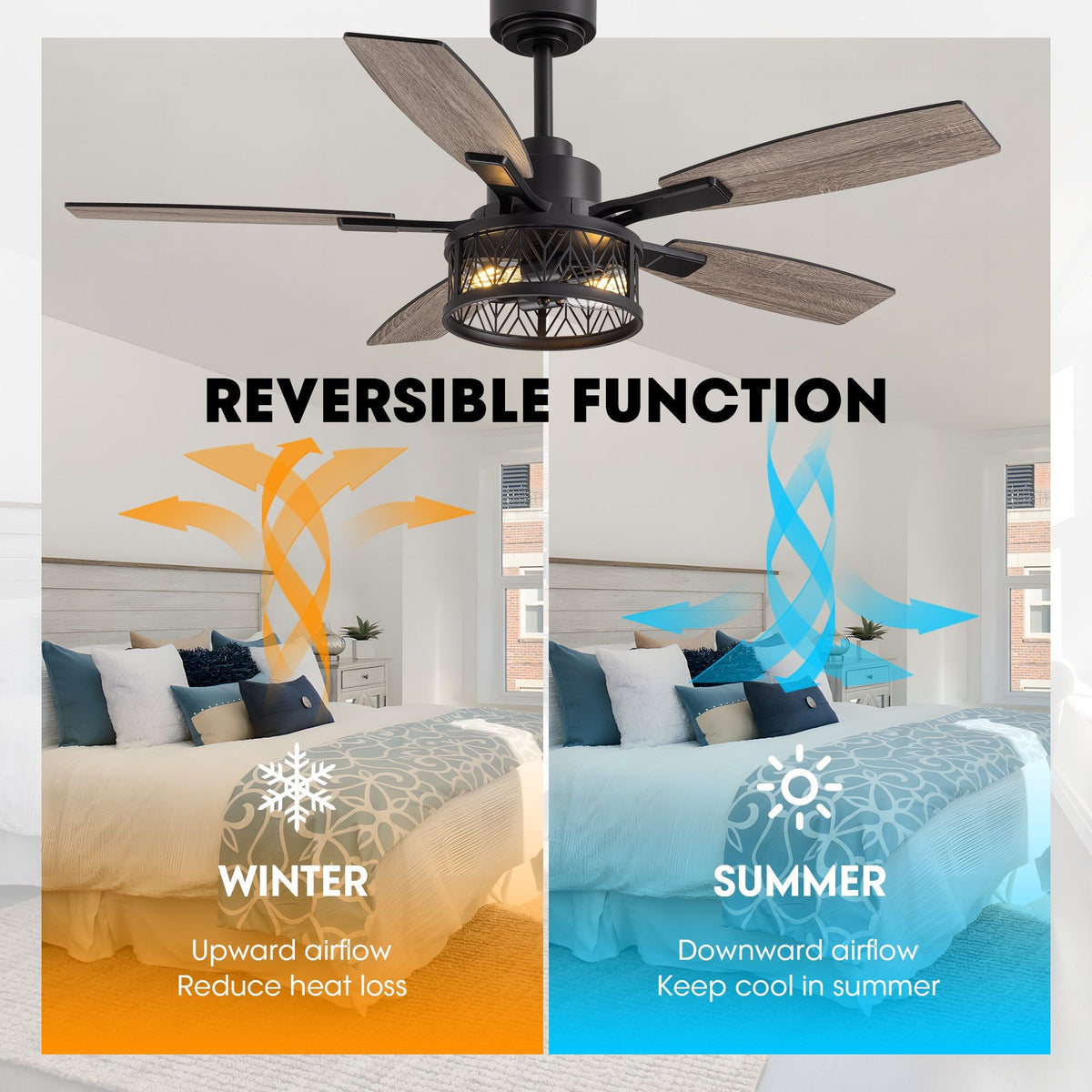 Reversible ceiling fan function — winter upward airflow to reduce heat loss, summer downward airflow to keep cool, bedroom seasonal comfort | CARRA HOME