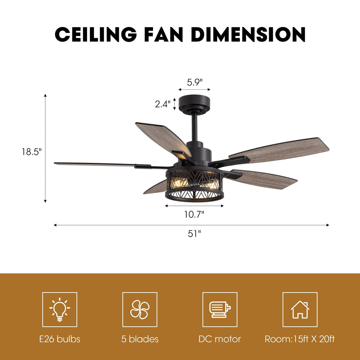 51" Farmhouse Ceiling Fan with LED Light dimensions — 51" blade span, 18.5" height, canopy 5.9", light shade 10.7", downrod 2.4", E26 bulbs, 5 reversible blades, DC motor, suitable room 15ft x 20ft | CARRA HOME
