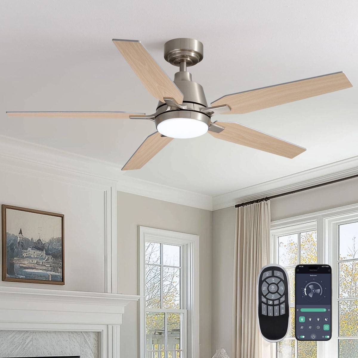 52" Farmhouse Brushed Nickel Smart Ceiling Fan with LED Light — 5 light wood blades, brushed nickel motor, round white LED light kit, remote control and smart app icons, modern fireplace living room | CARRA HOME