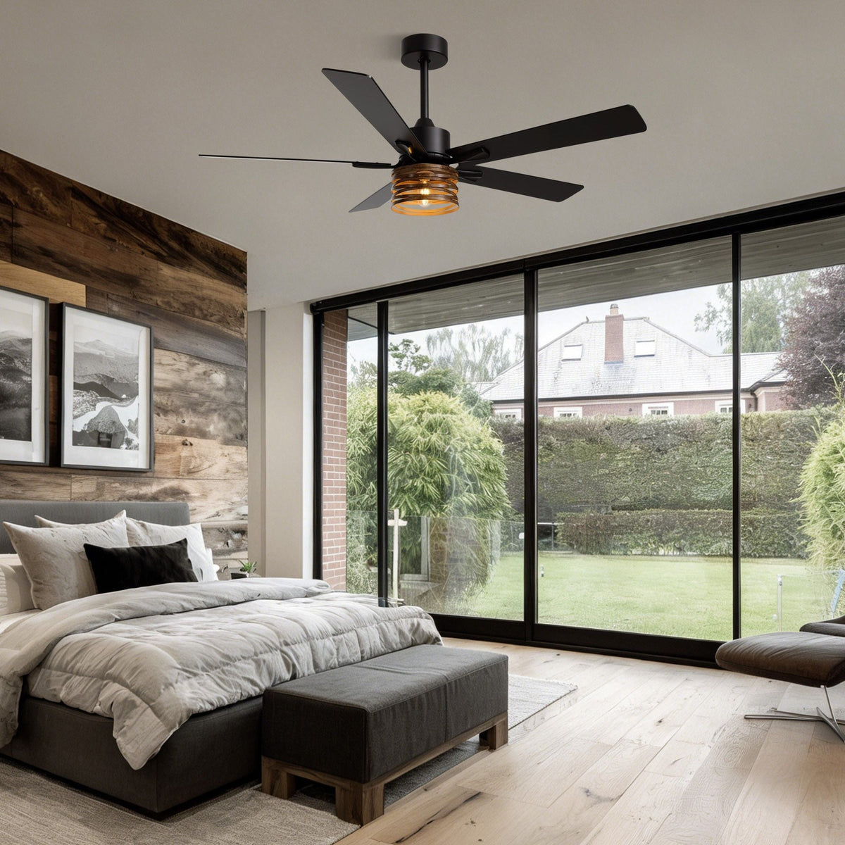 52" farmhouse ceiling fan in modern bedroom — grey upholstered bed, black nightstands, large windows with lawn view, wood beam ceiling, black and white wall art | CARRA HOME