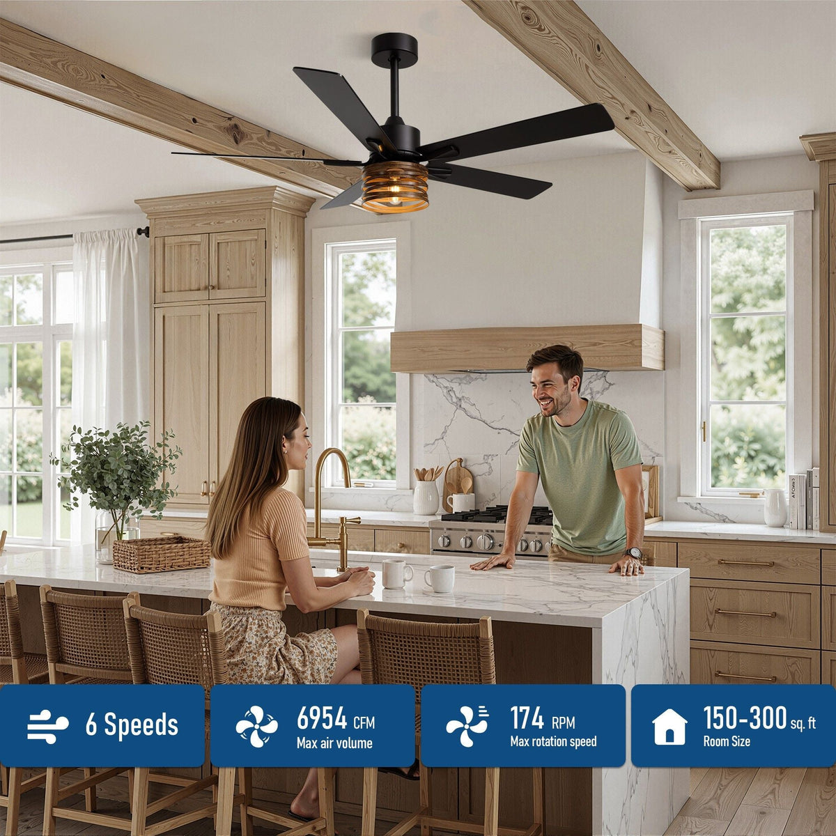 52" Industrial Farmhouse Ceiling Fan features — 6 speeds, max 6954 CFM airflow, 174 RPM, reversible DC motor, suitable for rooms 150-300 sq.ft, kitchen island scene with couple | CARRA HOME