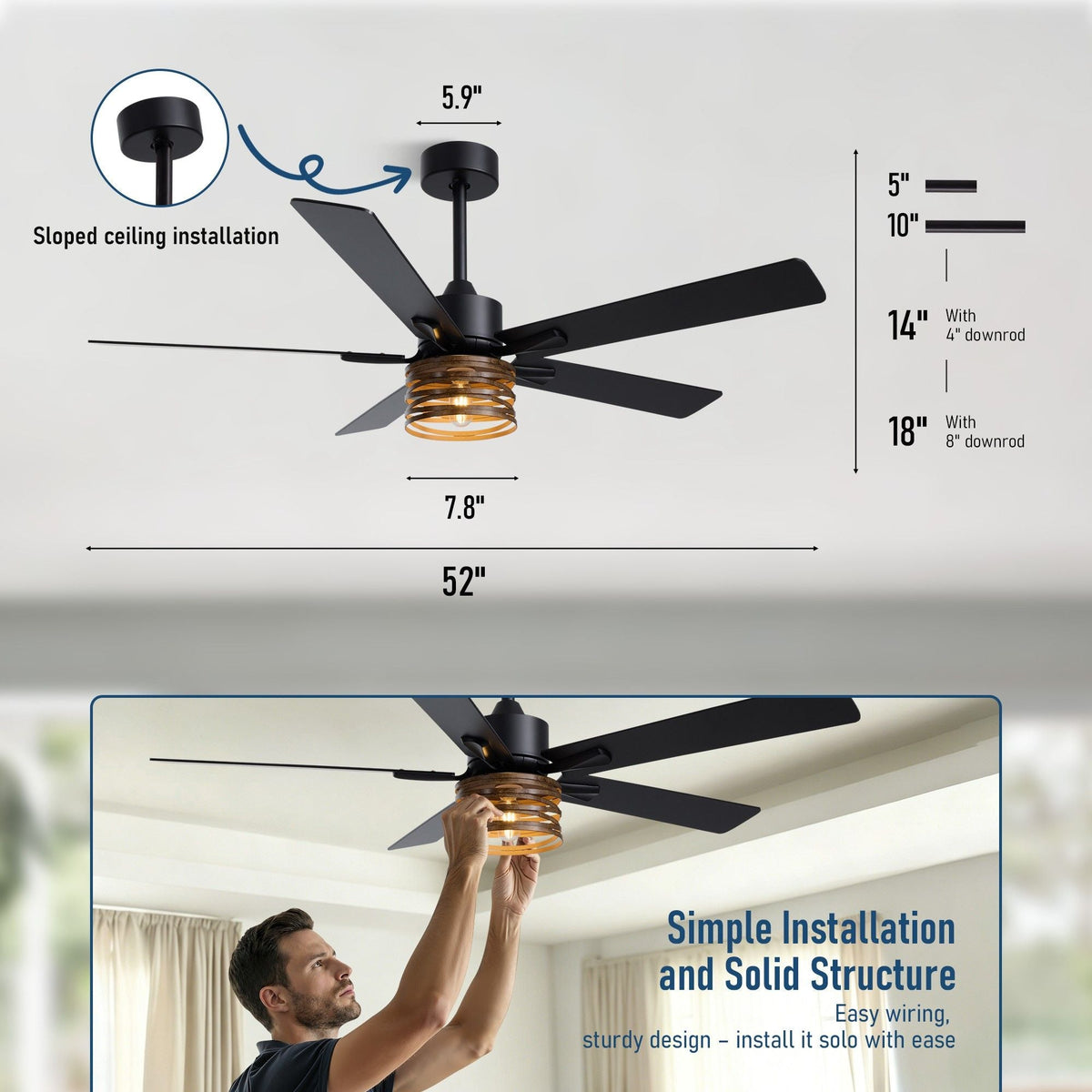 52" Industrial Farmhouse Ceiling Fan dimensions and installation — 52" blade span, canopy 5.9", light shade 7.8", height 5" flush / 10" / 14" with 4" downrod / 18" with 8" downrod, sloped ceiling compatible, simple installation solid structure, easy wiring solo install | CARRA HOME