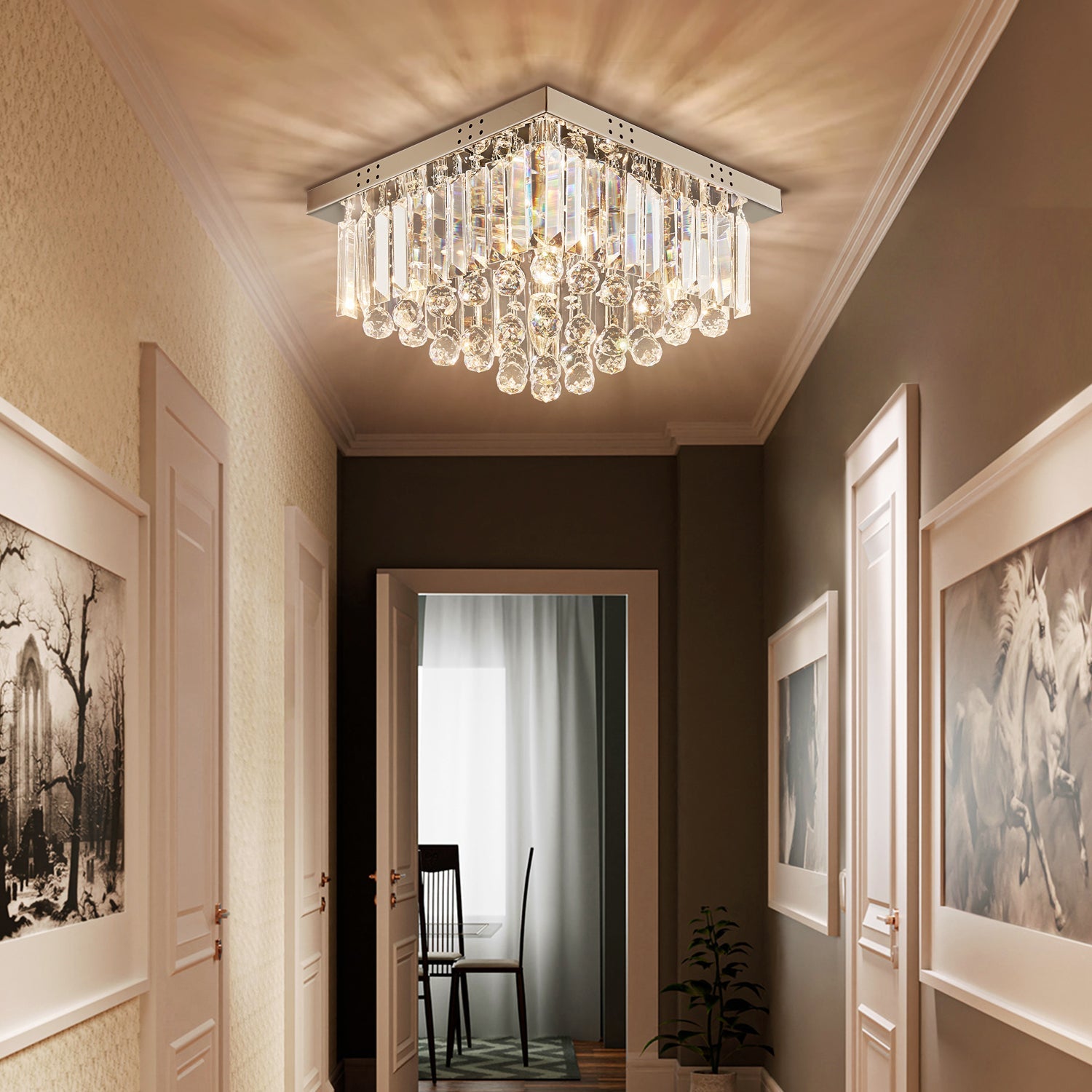 Square Rain Drop Crystal Ceiling Light - Contemporary Lighting Fixture