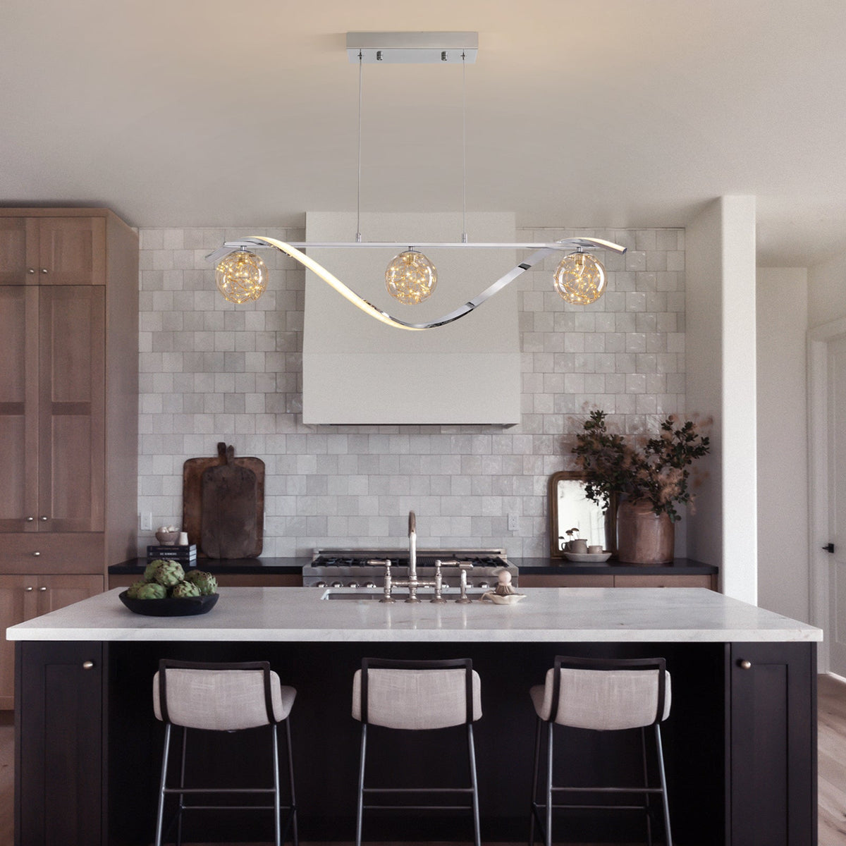 Chrome Linear LED Pendant with Glass Globe Shade - Carra Home