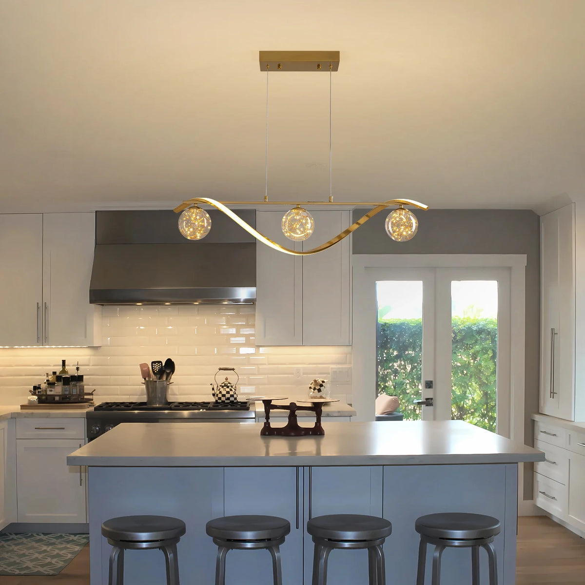 Linear LED Pendant Chandelier in Gold with Glass Globe Shade-Carra Home