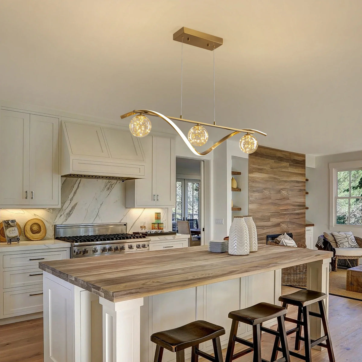 Linear LED Pendant Chandelier in Gold with Glass Globe Shade-Carra Home