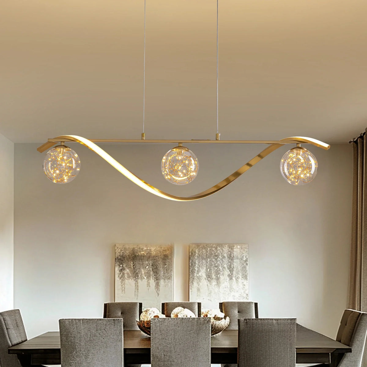 Linear LED Pendant Chandelier in Gold with Glass Globe Shade-Carra Home