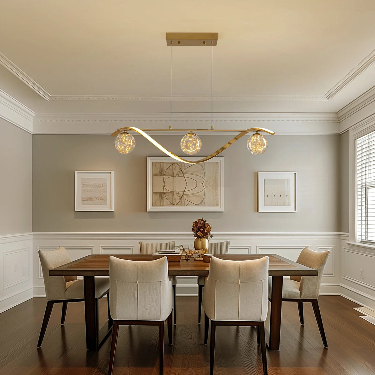 Linear LED Pendant Chandelier in Gold with Glass Globe Shade-Carra Home