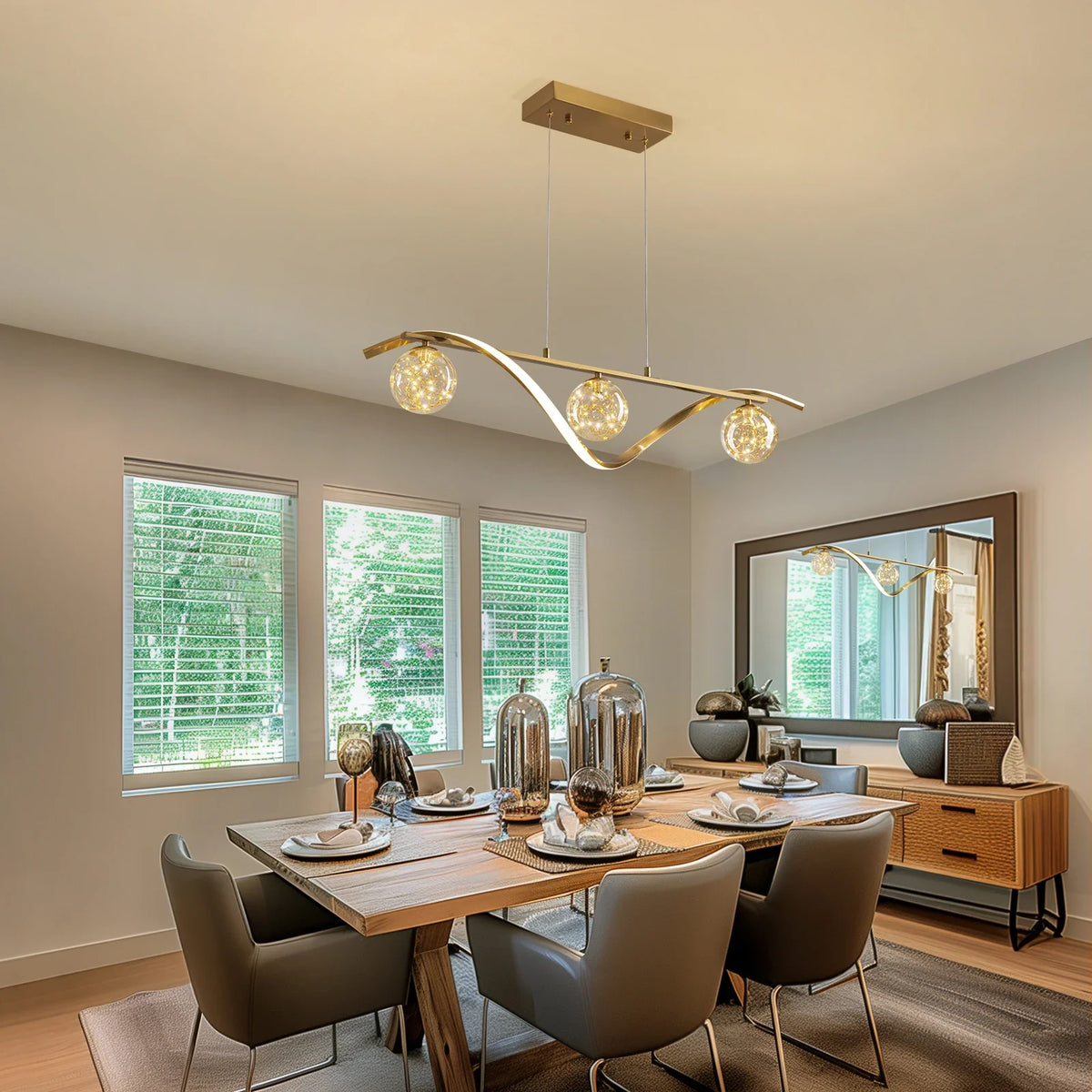 Linear LED Pendant Chandelier in Gold with Glass Globe Shade-Carra Home