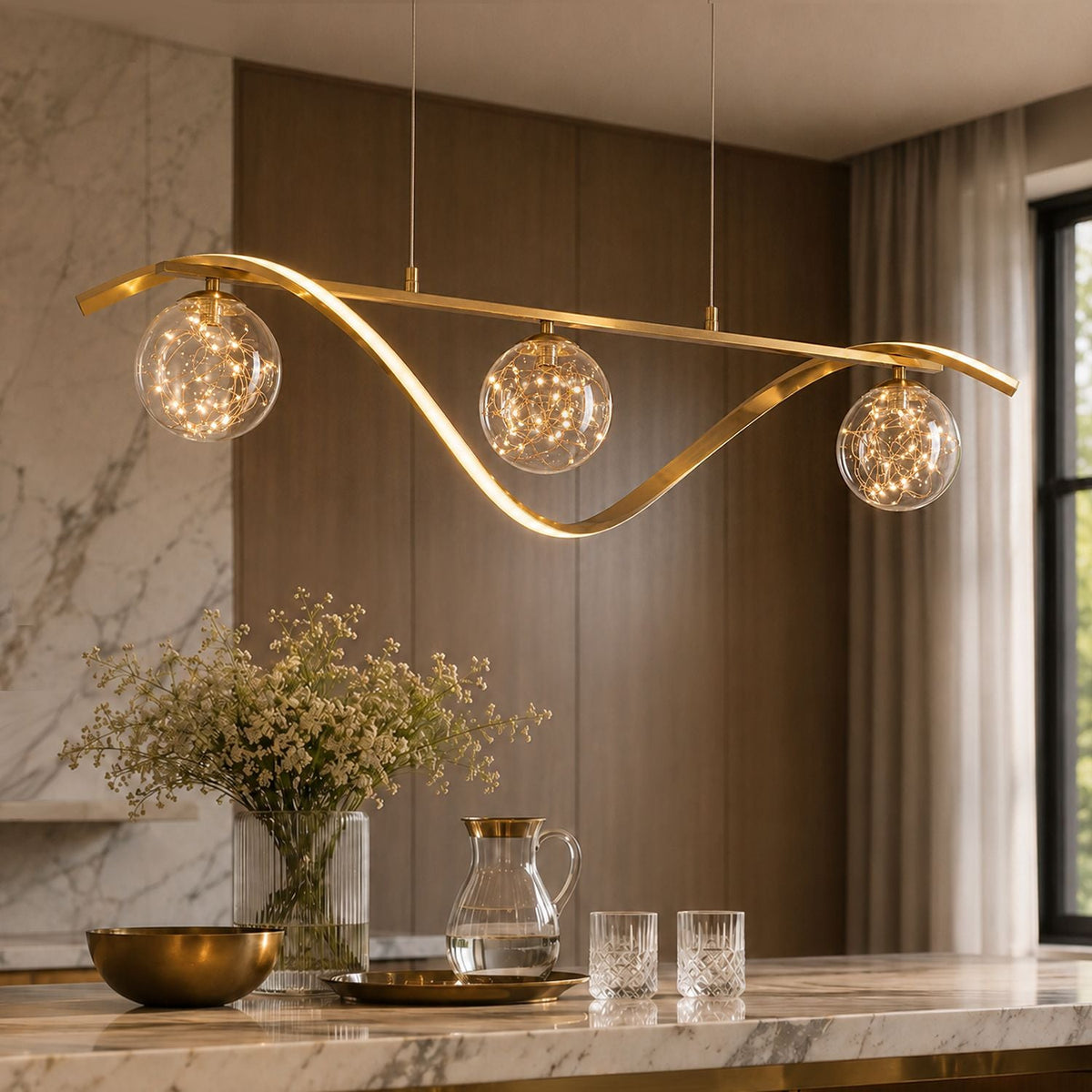 Linear LED Pendant Chandelier in Gold with Glass Globe Shade-Carra Home