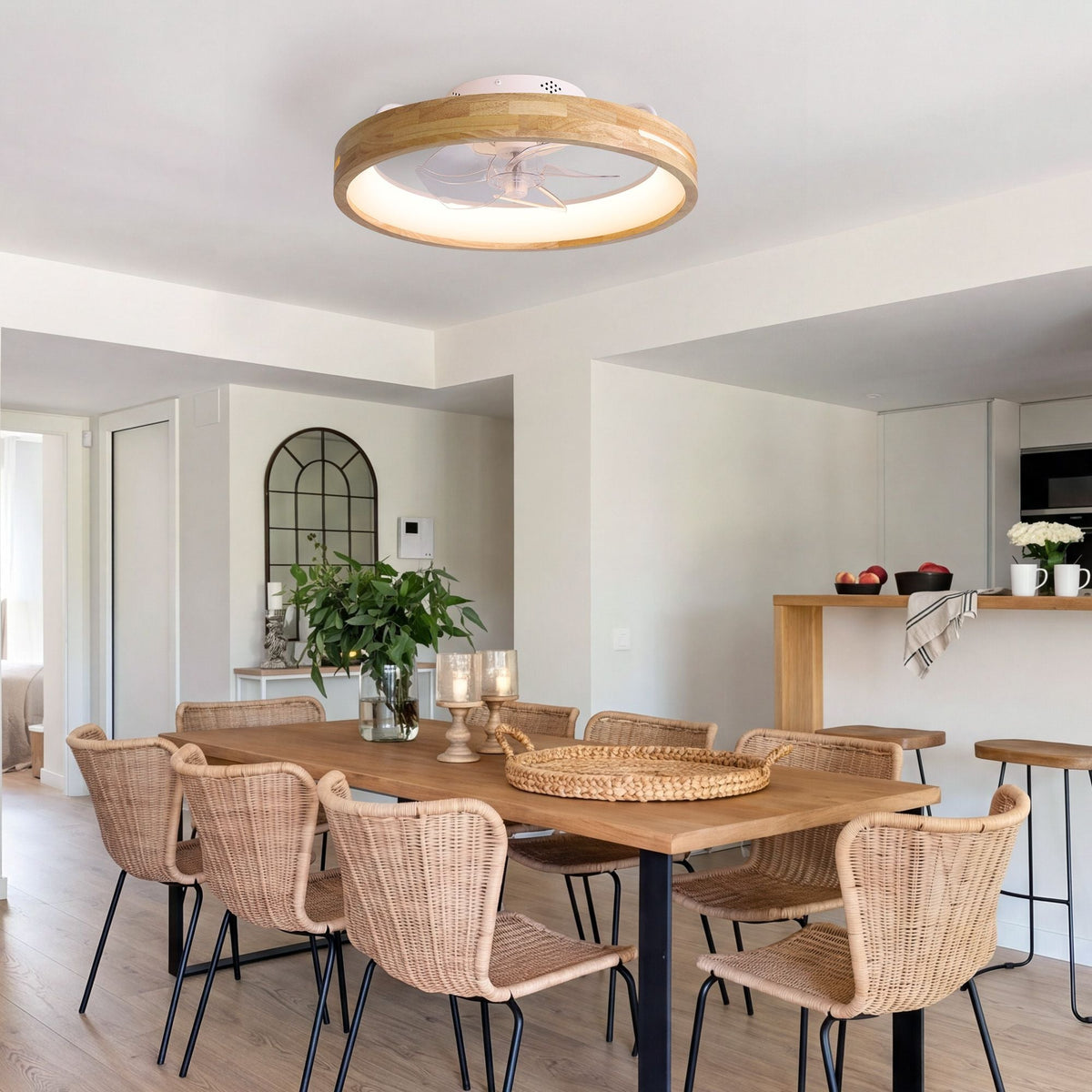 Aeria Wood Grain Ceiling Fan with LED Light in dining room — wooden table, wicker chairs, natural decor, bright airy space with plants | CARRA HOME