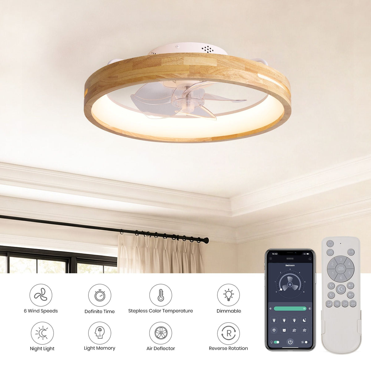 Aeria Ceiling Fan features — 6 wind speeds, definable timer, stepless color temperature, dimmable, night light, light memory, air deflector, reverse rotation, remote and app control | CARRA HOME