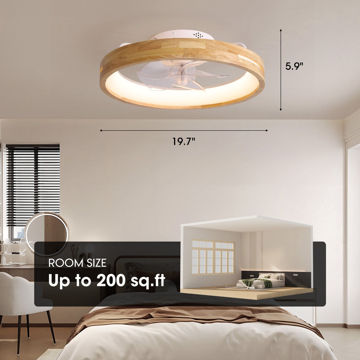 Aeria Ceiling Fan dimensions — 19.7" diameter, 5.9" height, low profile flush mount, suitable for rooms up to 200 sq.ft, bedroom visual reference | CARRA HOME